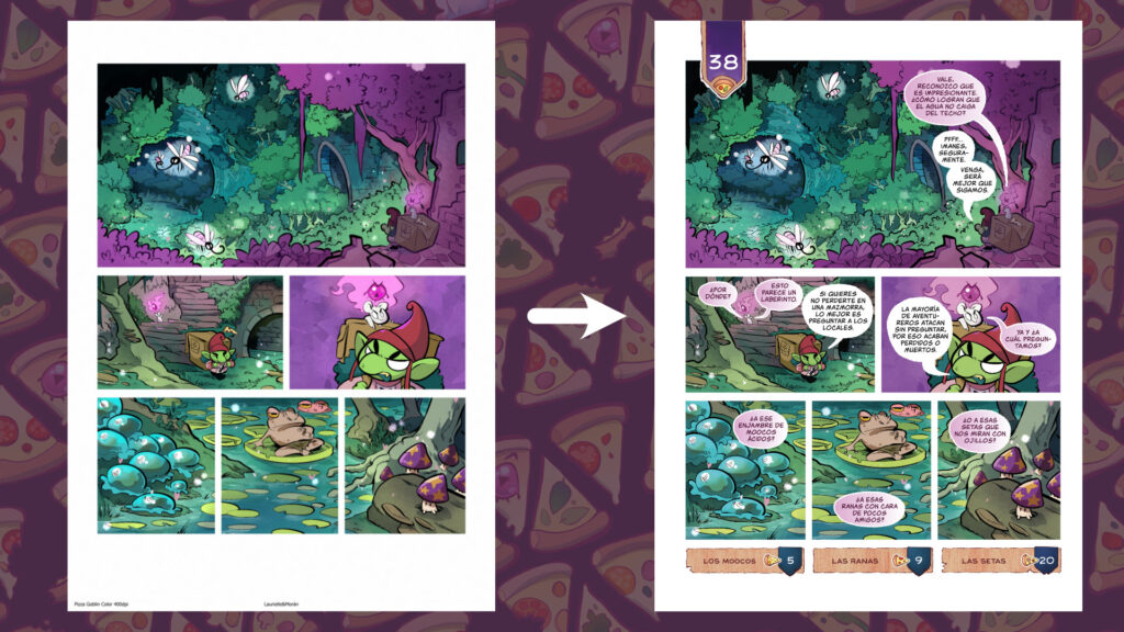 Dos imágenes, a la izquierda una página de Pizza Goblin sin textos y a la derecha con textos