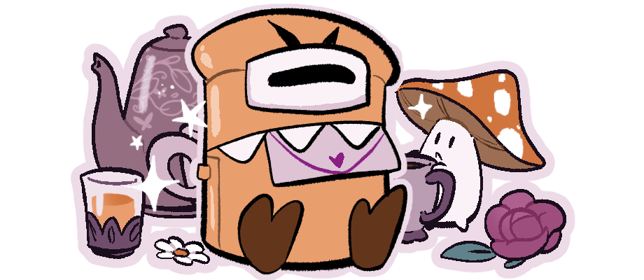 Pie de página con Mimencio masticando una carta mientras de fondo una seta bebe té