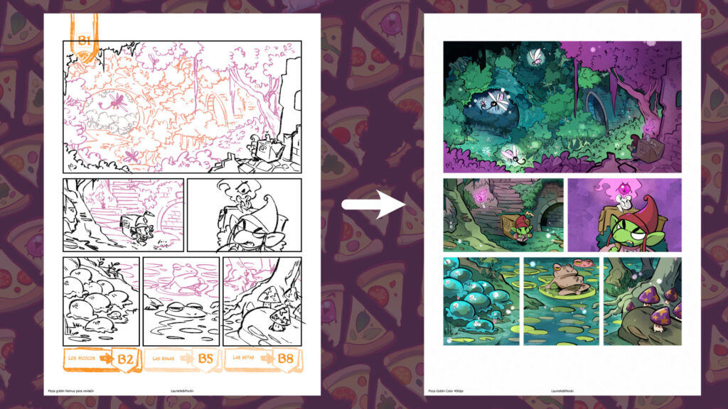 Dos imágenes, a la izquierda el lápiz de una página de pizza goblin y a la derecha la página acabada pero sin textos ni elementos de navegación