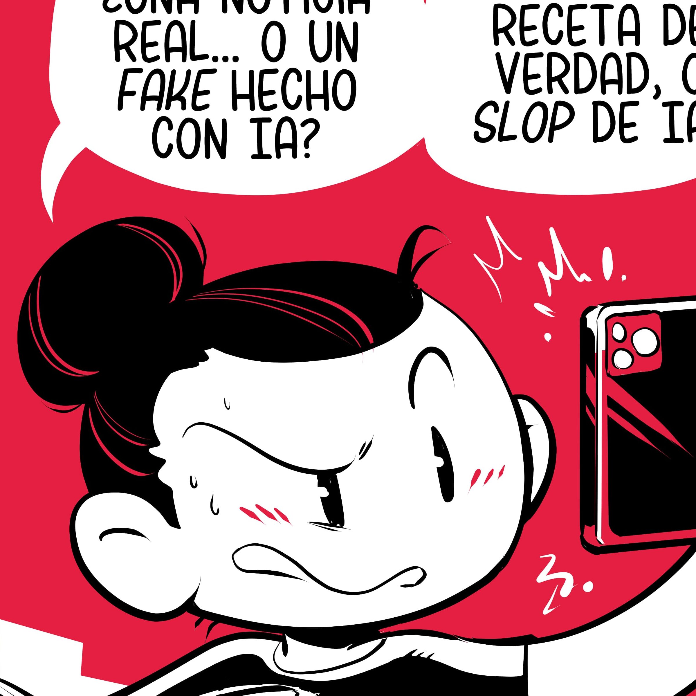 Fragmento de un cómic, con una chica hablando sobre fondo rojo