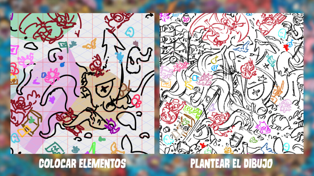 Dos imágenes sobre fondo borroso, por un lado un esquema muy básico con una cuadrícula y por otro un boceto más elaborado, ambos mostrando un calamar levantando una galera.