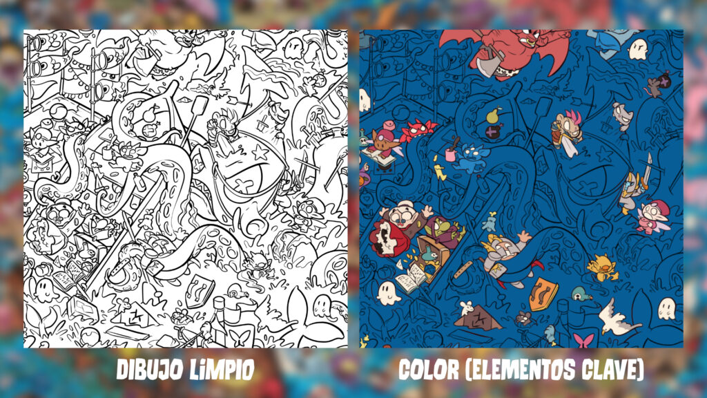 Dos imágenes sobre fondo borroso, por un lado la línea limpia y por otro la misma imagen con fondo azul y algunos colores ya aplicados. Ambas imágenes muestran un calamar levantando una galera.