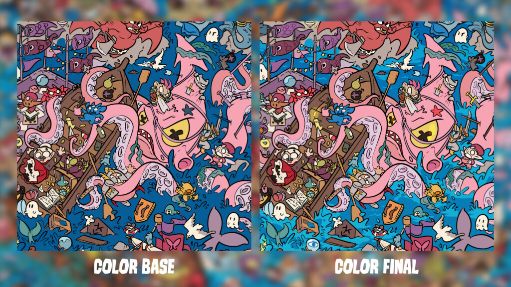 Dos imágenes sobre fondo borroso, por un lado un color plano y por otro el color final, ambos mostrando un calamar levantando una galera.