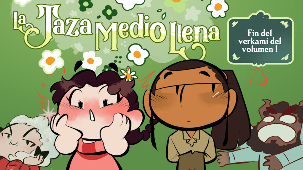 Portada del vídeo directo de cierre de Verkami, con los personajes y el texto La Taza Medio Llena, fin del verkami del volumen 1
