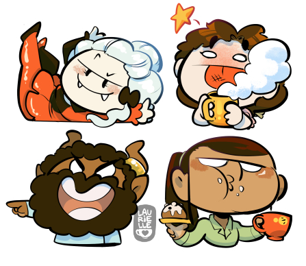 Cuatro dibujos de pegatinas: Liliidae en pose rara, Margarita quemándose la lengua, Jacin señalando y riéndose y Cam comiendo a dos carrillos