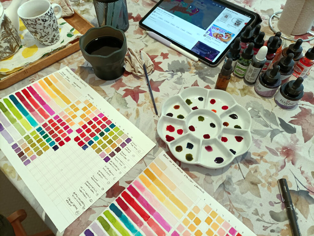 Foto de varias pruebas de anilinas, con una paleta con varias cgotas, botes, un vaso con agua, una taza y un ipad sobre una mesa