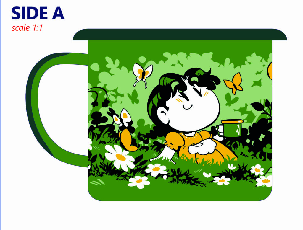 Mockup de la taza del tomo 1 de La Taza Medio Llena, que es verde con un dibujo blanco, negro y amarillo