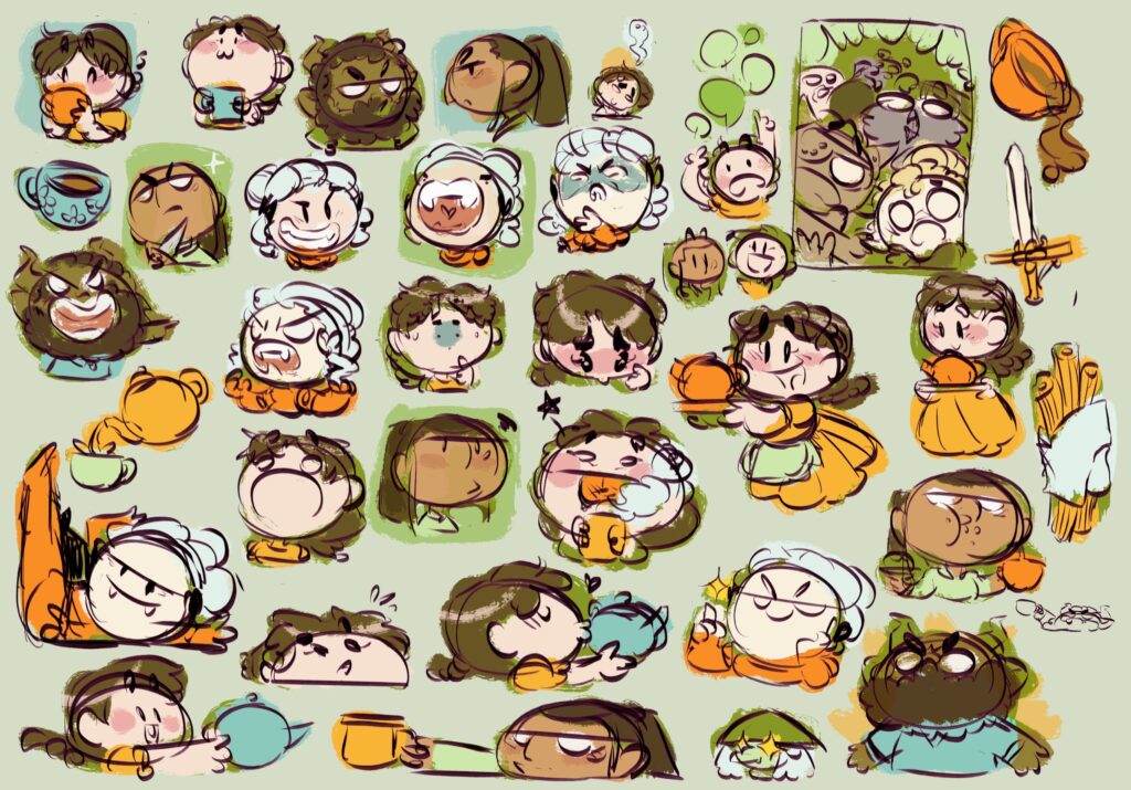 Varios garabatos de pegatinas sobre un fondo verde, mostrando a los distintos personajes de La taza medio llena poniendo carusas