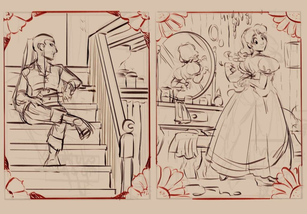 Boceto de dos portadillas, una de Cam sentada en las escaleras y otra de Margarita vistiéndose