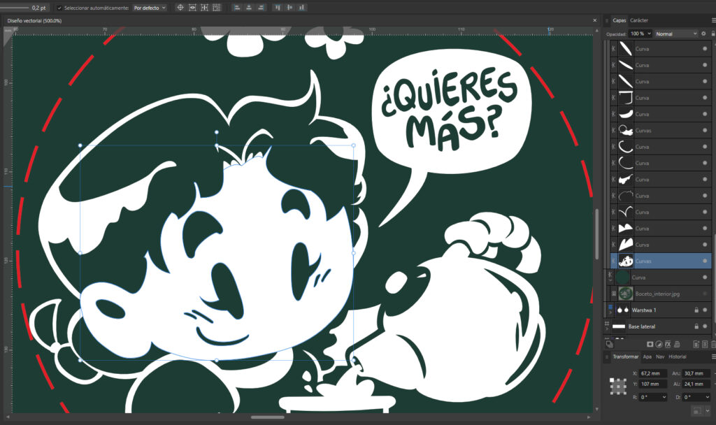 Captura de un programa de diseño vectorial con una Margarita sirviendo un té mientras pregunta ¿quieres más?