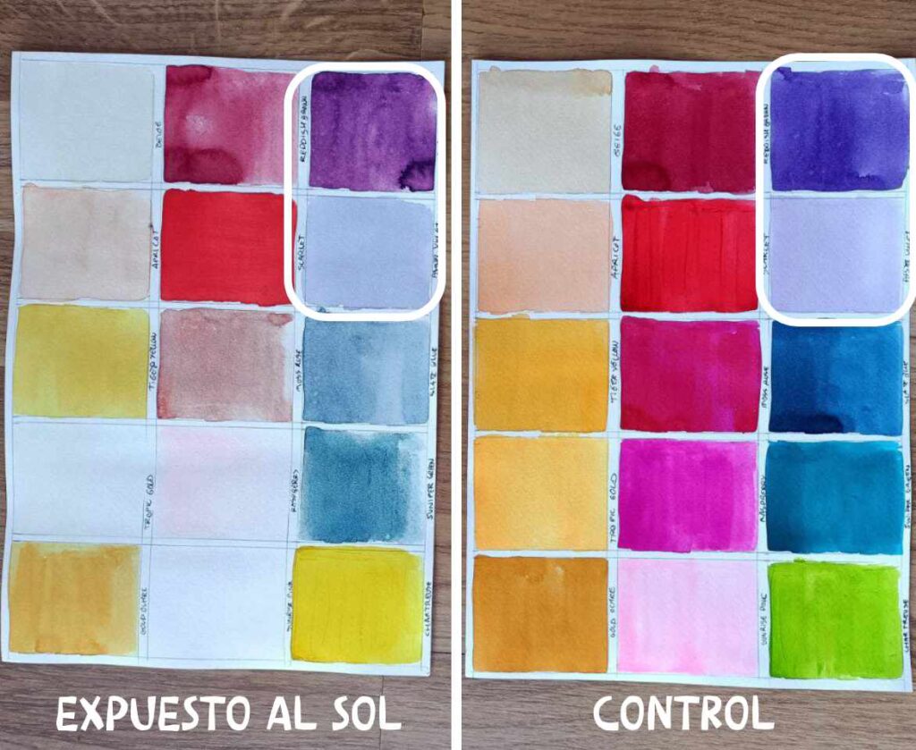Imagen de los colores expuestos al sol (izquierda), junto a los colores de control (derecha). Se señala el color violeta y el violeta pastel, que han cambiado hacia morado y gris respectivamente.