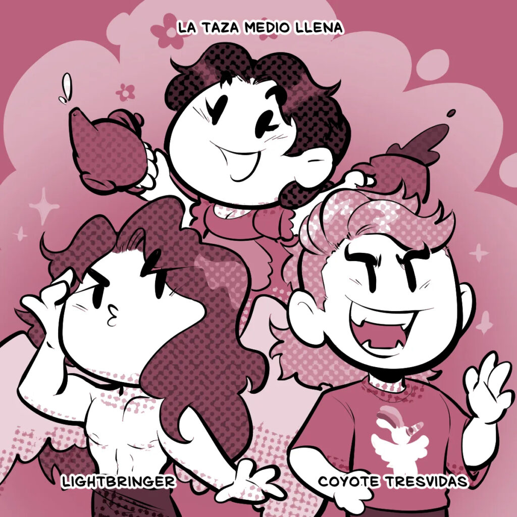 Imagen de los tres protagonistas de los webcómics nominados a mejor tebeo (Margarita, de La taza medio llena, Lucifer de Lightbringer y Coyote de Coyote tresvidas)