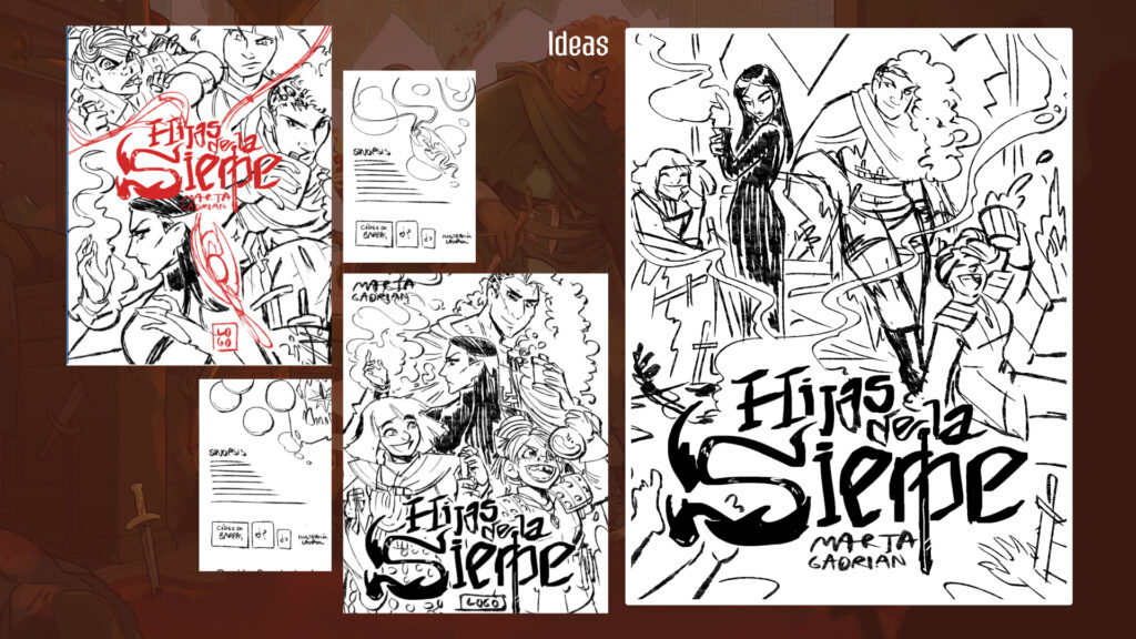 Distintas ideas para la portada, en blanco, negro y rojo.