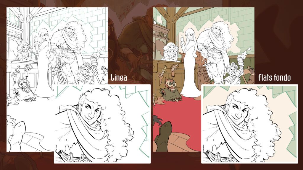 Línea de la portada, colores planos del fondo y detalles de ambos estados del dibujo