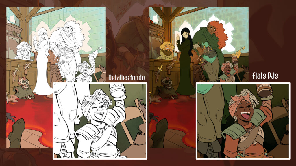 Colores del fondo, sombras, luces, colores planos de ellas y detalles de ambos estados del dibujo