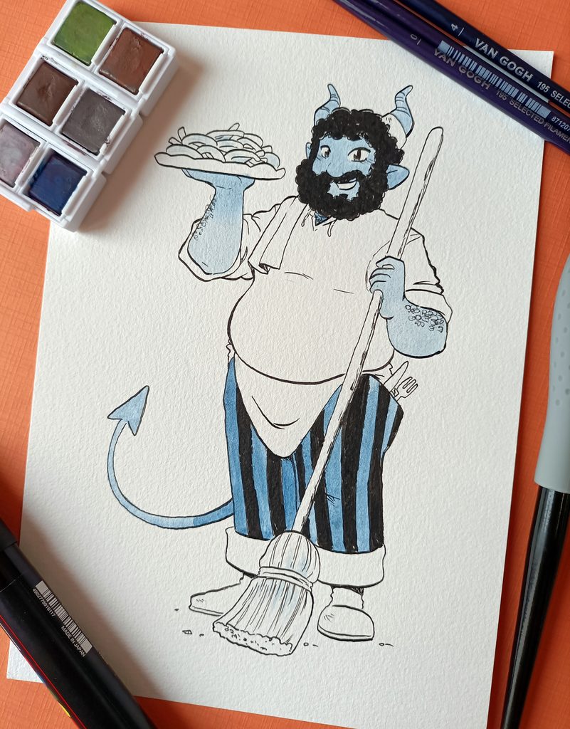 Foto de un dibujo sobre fondo naranja rodeado de herramientas de dibujo. Es Jacin sosteniendo una escoba y un plato de churros, con un trapo en el hombro.